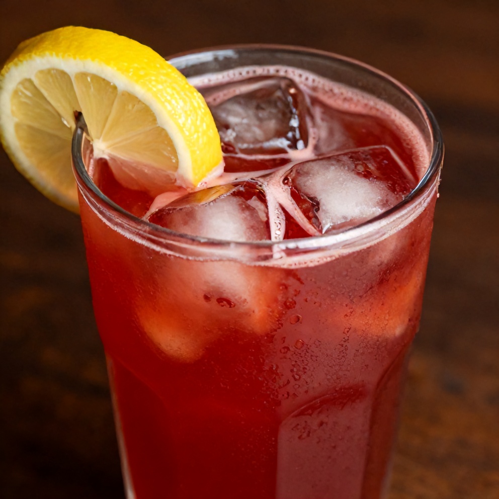 A close-up of a glass of hibiscus cardamom iced latte with a lemon slice