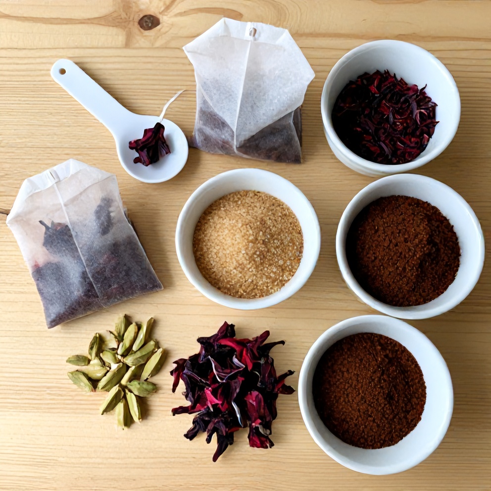 Ingredients for hibiscus cardamom iced latte laid out on a wooden surface