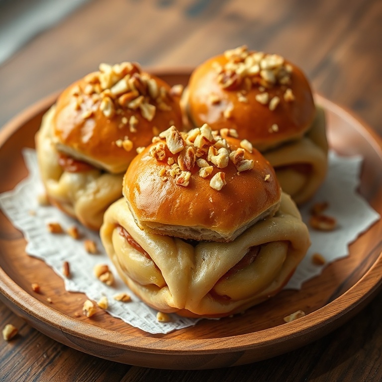 Perfectly plated baklava babka buns with a sprinkle of nuts on top. Served on a wooden plate with warm light highlighting the texture.
