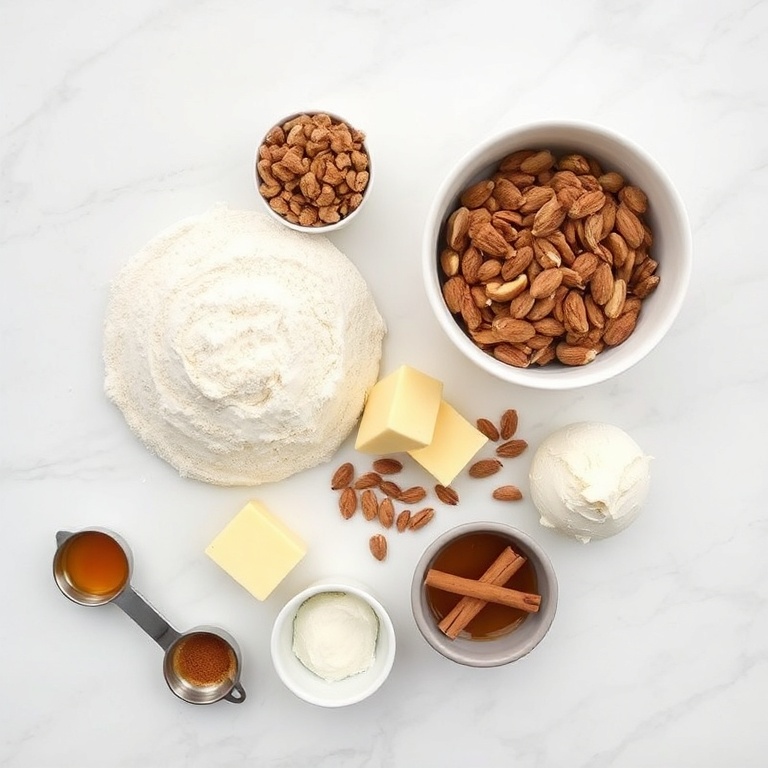 Raw ingredients for homemade baklava babka buns. Flour, honey, nuts, butter, and cinnamon arranged in a flat lay. Measuring spoons and bowls nearby.