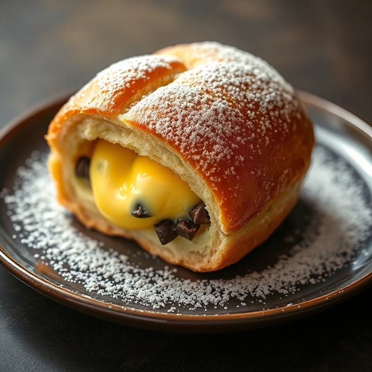 Perfectly plated brioche with chocolate chip custard filling. Sprinkled with powdered sugar. Dark ceramic plate. Warm side lighting highlighting texture. Photorealistic food photography. No text. No watermark.