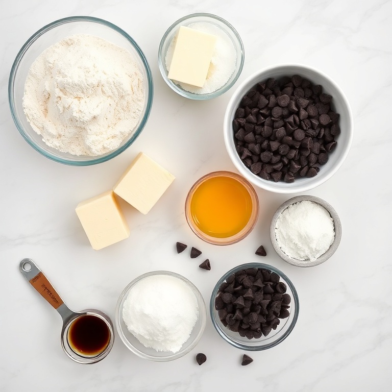 Overhead flat lay of brioche ingredients. Flour, butter, sugar, eggs, chocolate chips, vanilla extract. Prep bowls, measuring spoons, cups visible. White marble surface. Bright even natural light. Photorealistic food photography. No text. No watermark.
