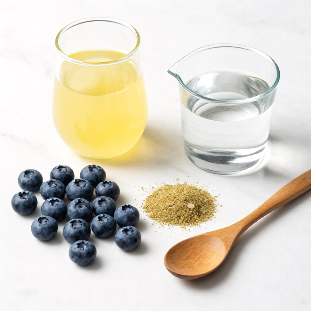 Blueberries, lemon juice, stevia, and water arranged on a white marble surface