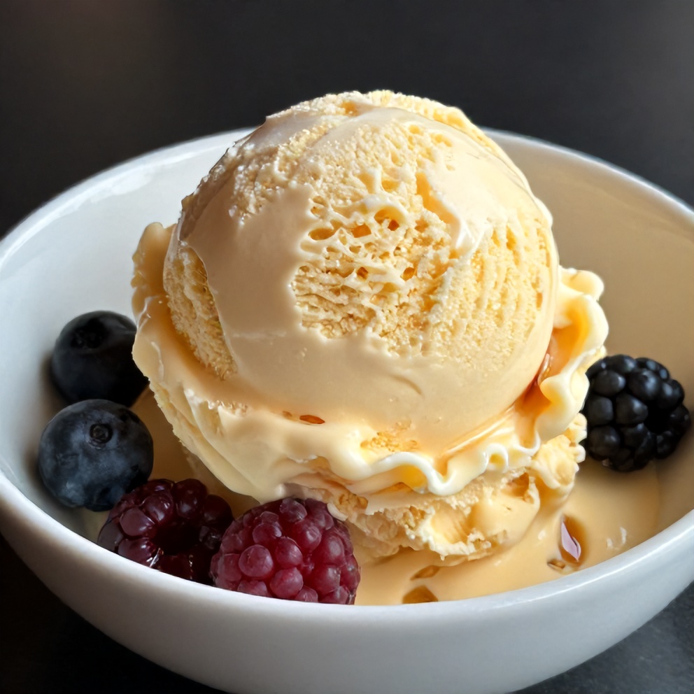 Honey lavender ice cream served in a bowl