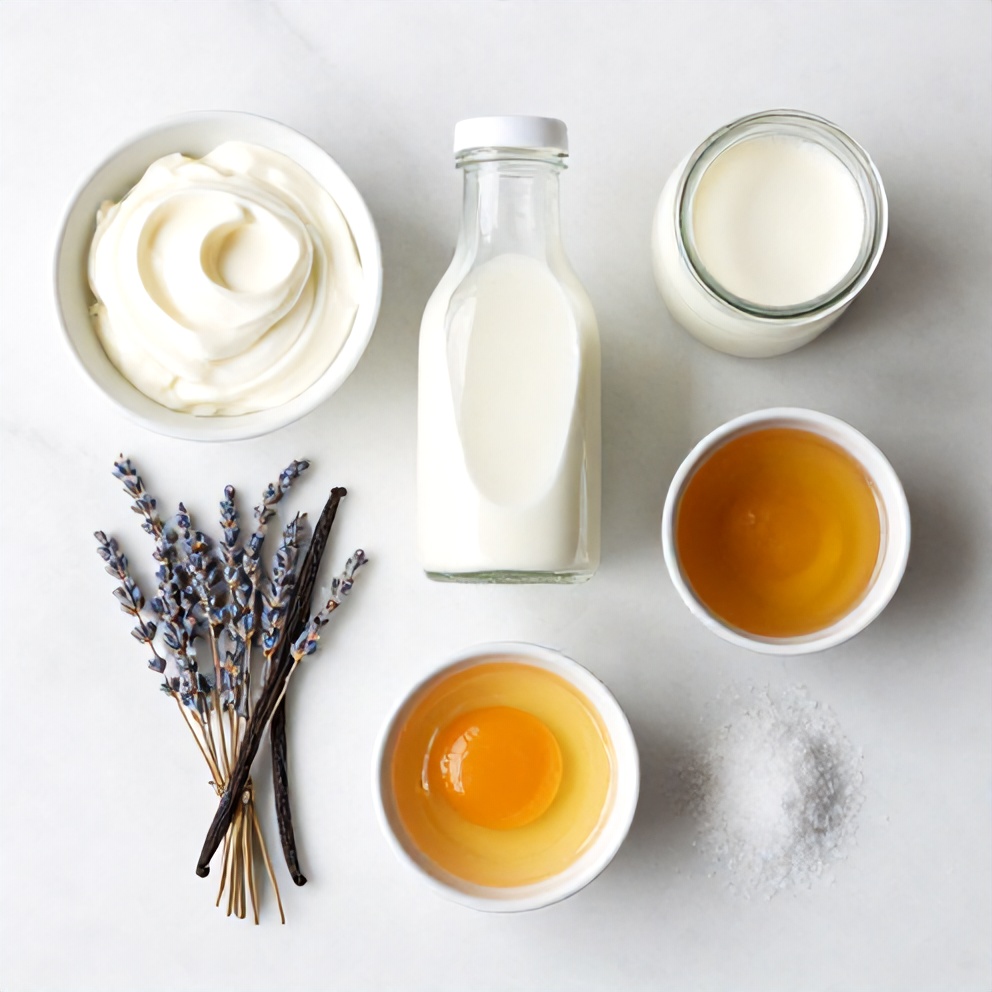 Raw ingredients for honey lavender ice cream
