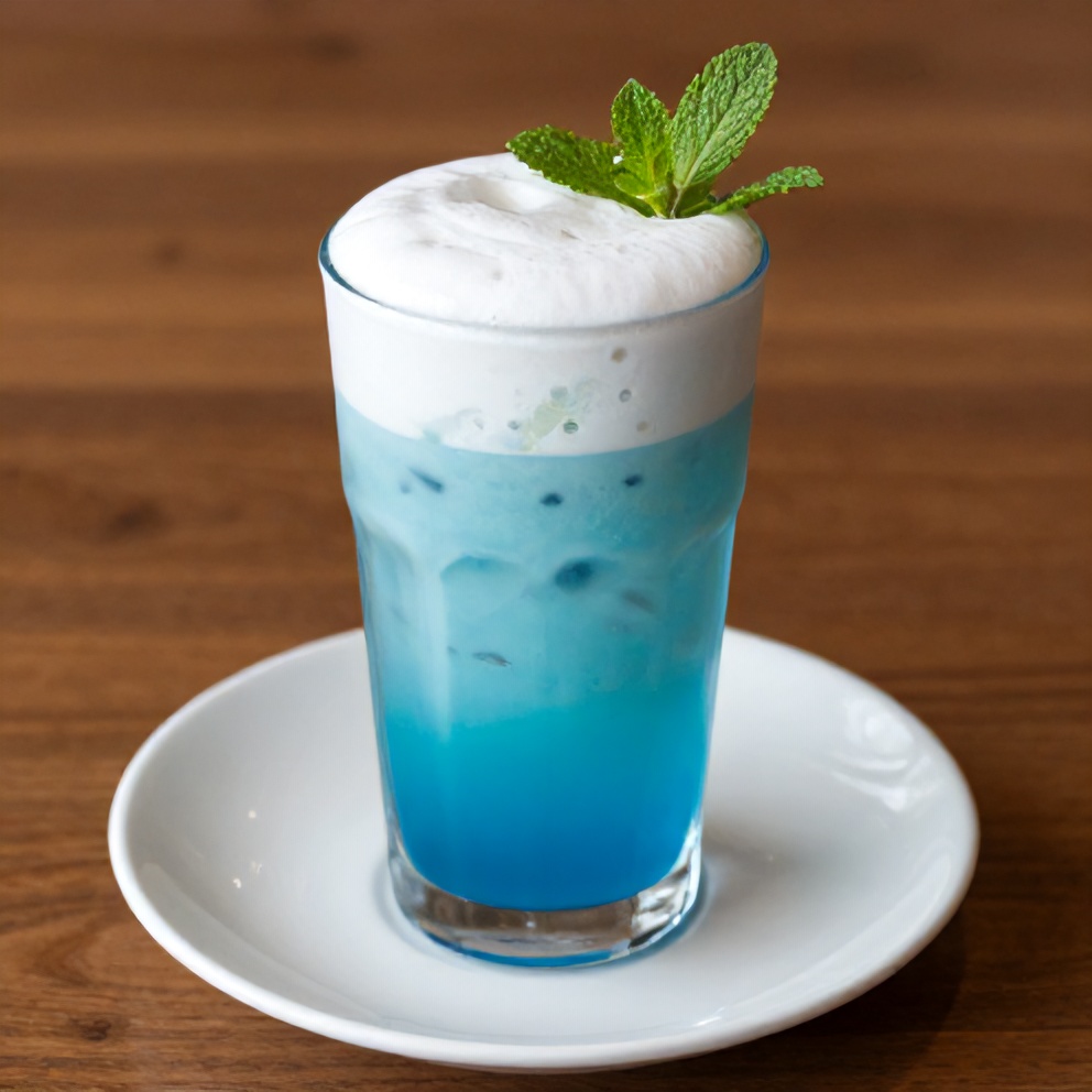 Iced Blue Tea Latte with Vanilla Cold Foam in a glass