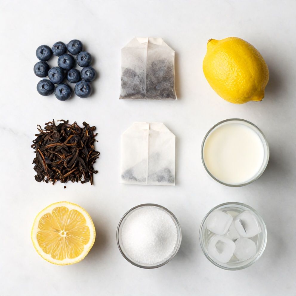 Blueberries, lemons, tea bags, milk, sugar, vanilla extract, ice cubes