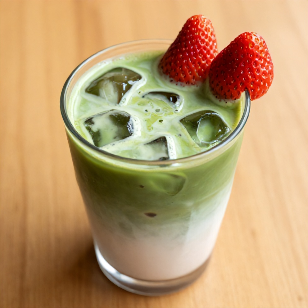 Iced matcha strawberry latte in a glass with a strawberry garnish