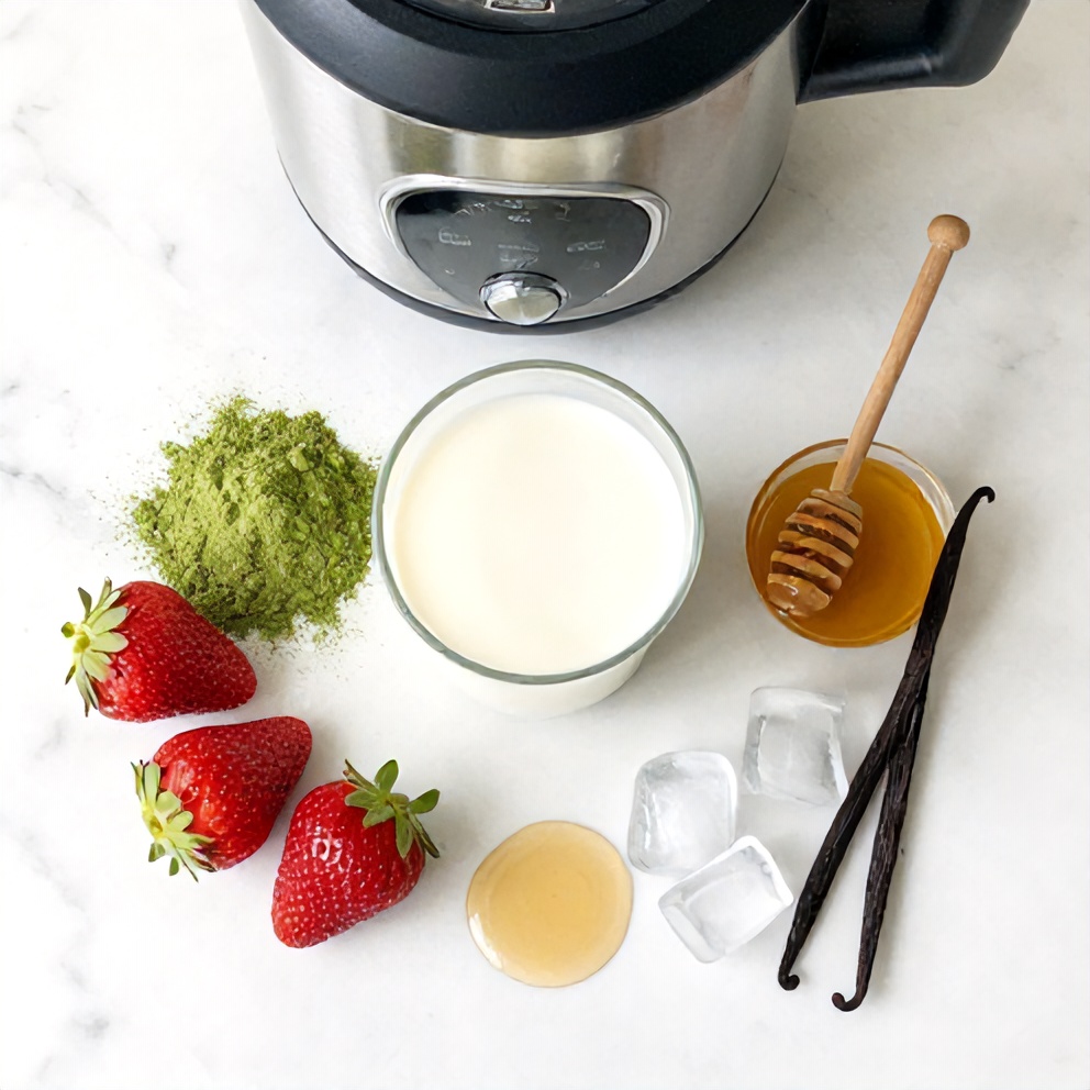 Matcha powder, fresh strawberries, milk, honey, vanilla extract, and ice arranged on a white marble surface