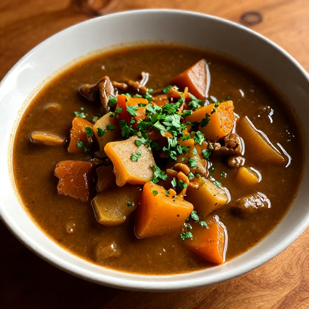 Plated Irish Vegetarian Stew with parsley garnish