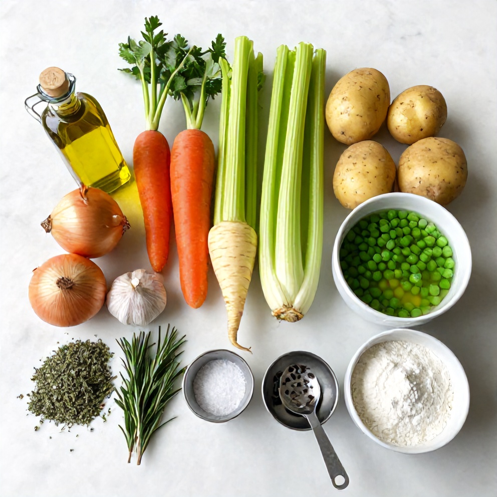 Raw ingredients for Irish Vegetarian Stew on a marble surface