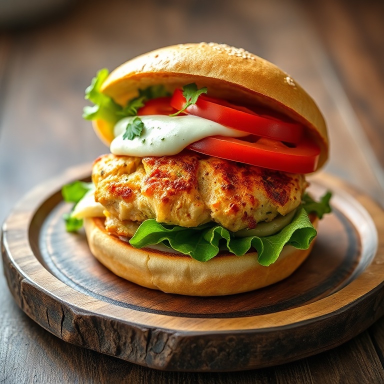 Juicy Greek chicken burger with tzatziki sauce, fresh lettuce, and tomato on a rustic wood plate