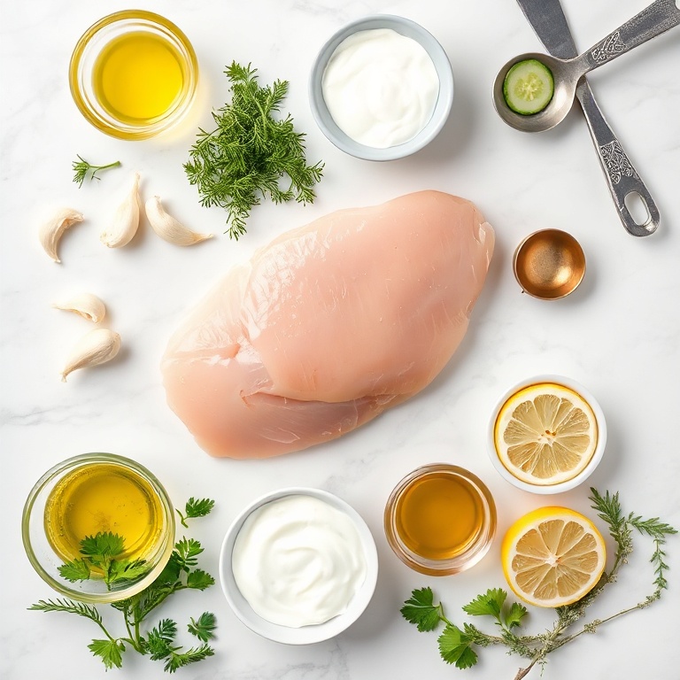 Chicken breast, dill, garlic, cucumber, yogurt, olive oil, lemon, and oregano arranged in a flat lay on a white marble surface