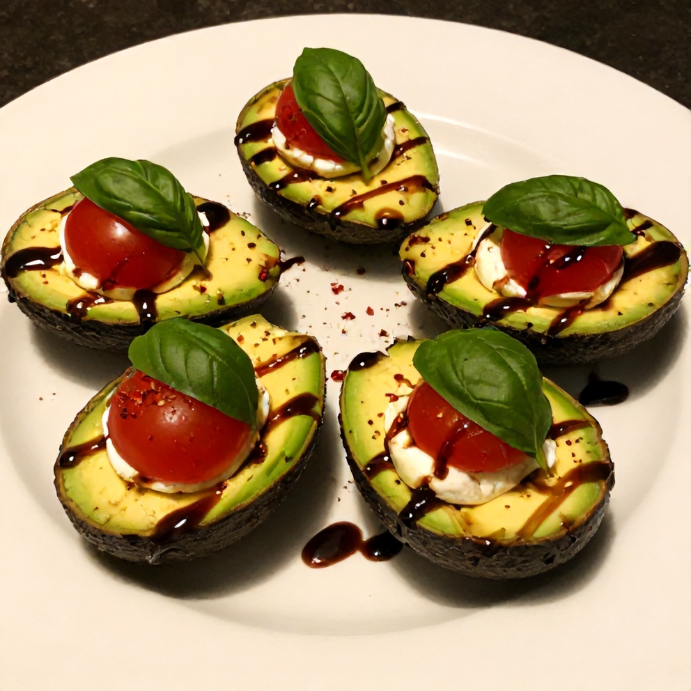 Keto Caprese Stuffed Avocado Bites plated on a white dish