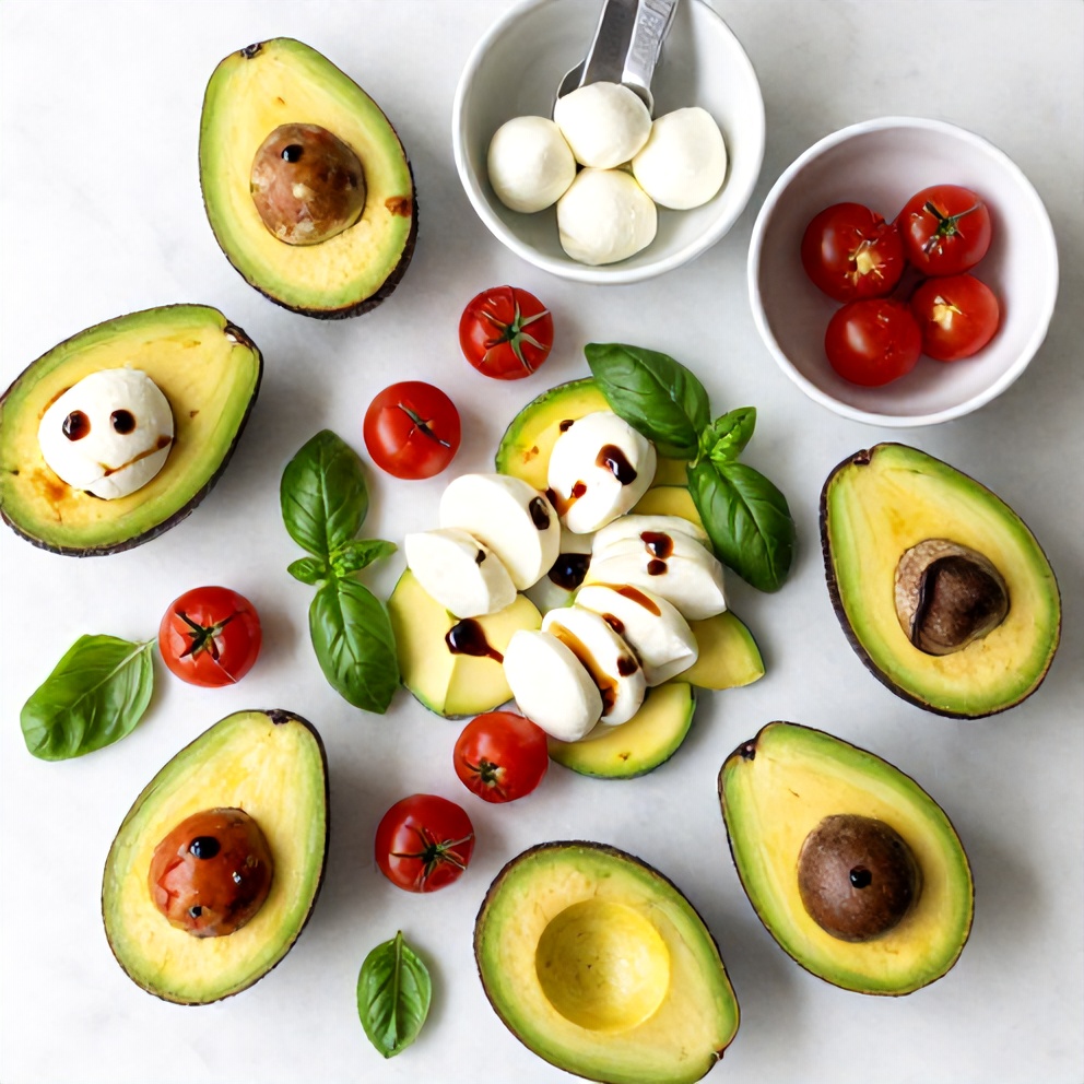 Raw ingredients for Keto Caprese Stuffed Avocado Bites on a white marble surface