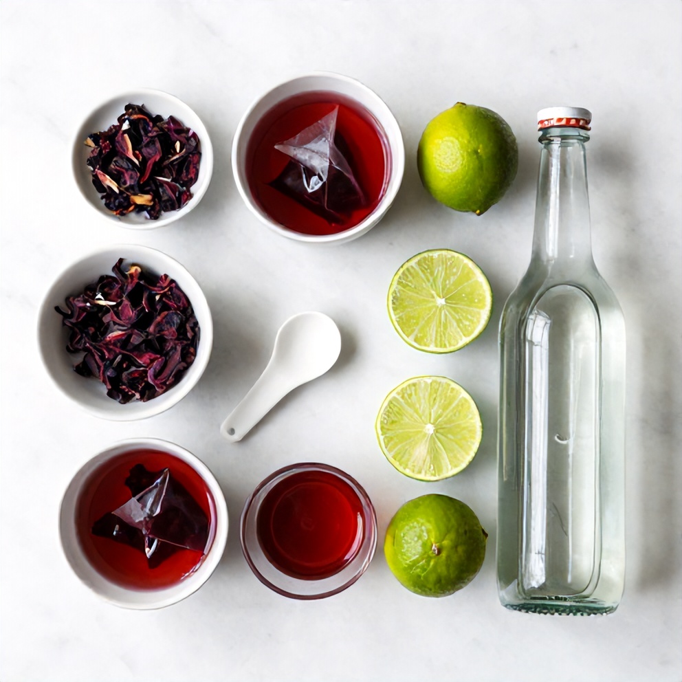 Ingredients for Keto Hibiscus Lime Sparkling Water laid out