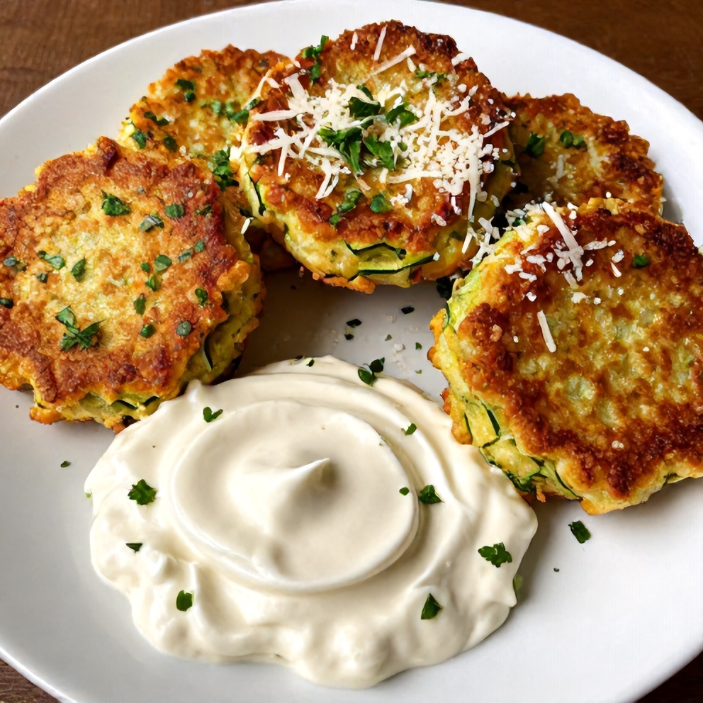 Plated Keto Zucchini Parmesan Fritters with Sour Cream Dip