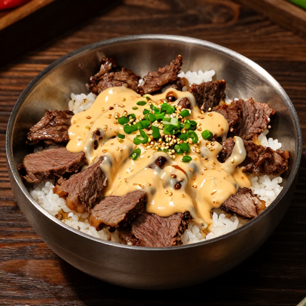 Korean BBQ Steak Rice Bowls with Spicy Cream Sauce