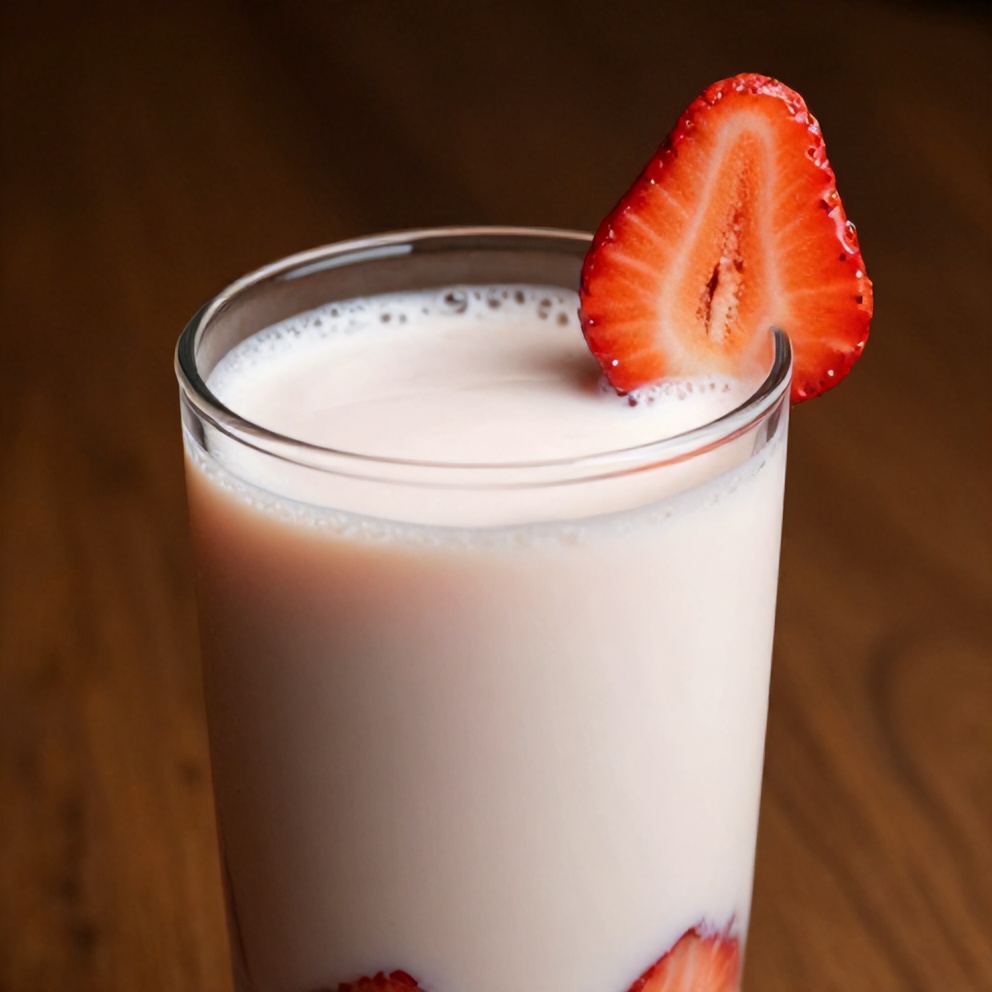 Glass of Korean strawberry milk with a strawberry slice garnish