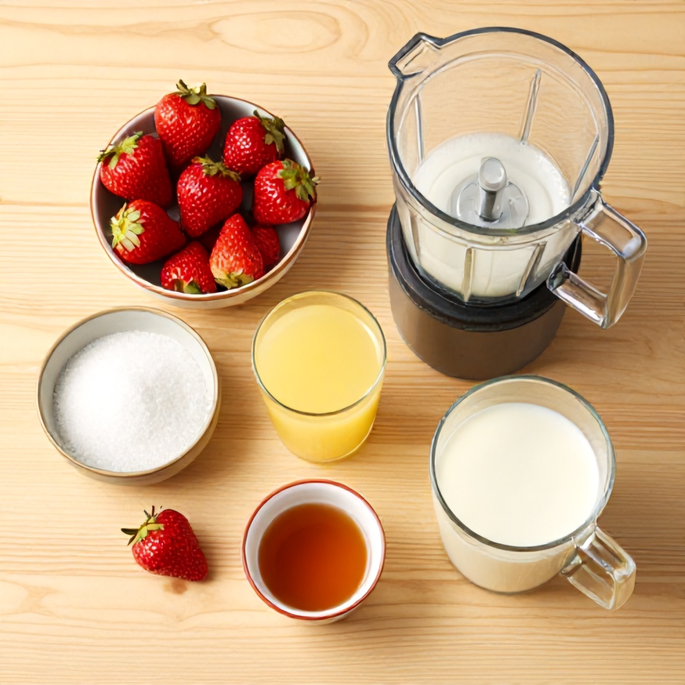 Raw ingredients for Korean strawberry milk on a wooden surface
