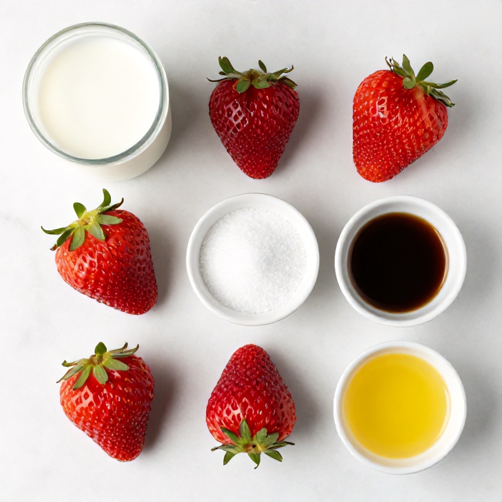 Strawberries, milk, sugar, and vanilla extract on a white marble surface