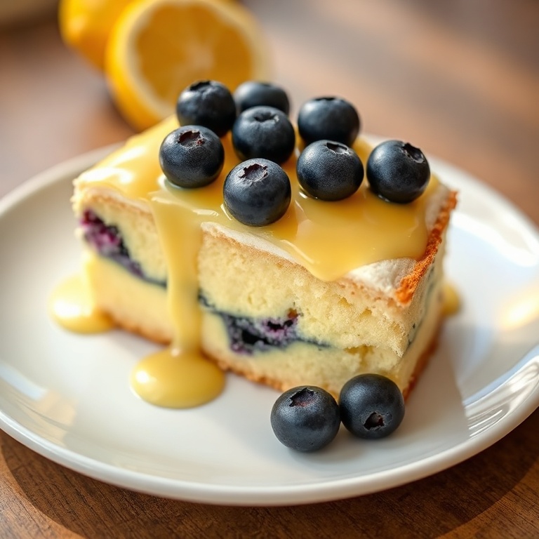 A perfectly plated serving of Lemon Blueberry Mousse Cake. Topped with fresh blueberries and a lemon glaze, served on a white plate with warm side lighting.