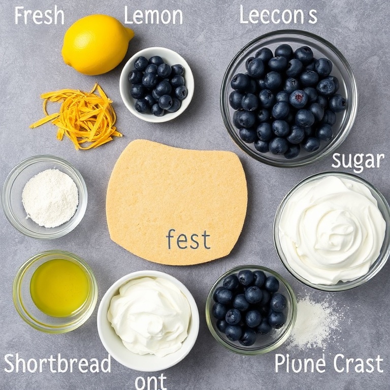 All raw ingredients for Lemon Blueberry Mousse Cake arranged in an overhead flat lay. Fresh blueberries, lemon zest, shortbread crust, whipped cream, and powdered sugar are the most visually prominent items.