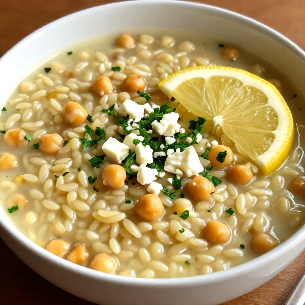 Lemon Chickpea Orzo Soup served in a bowl with a lemon slice