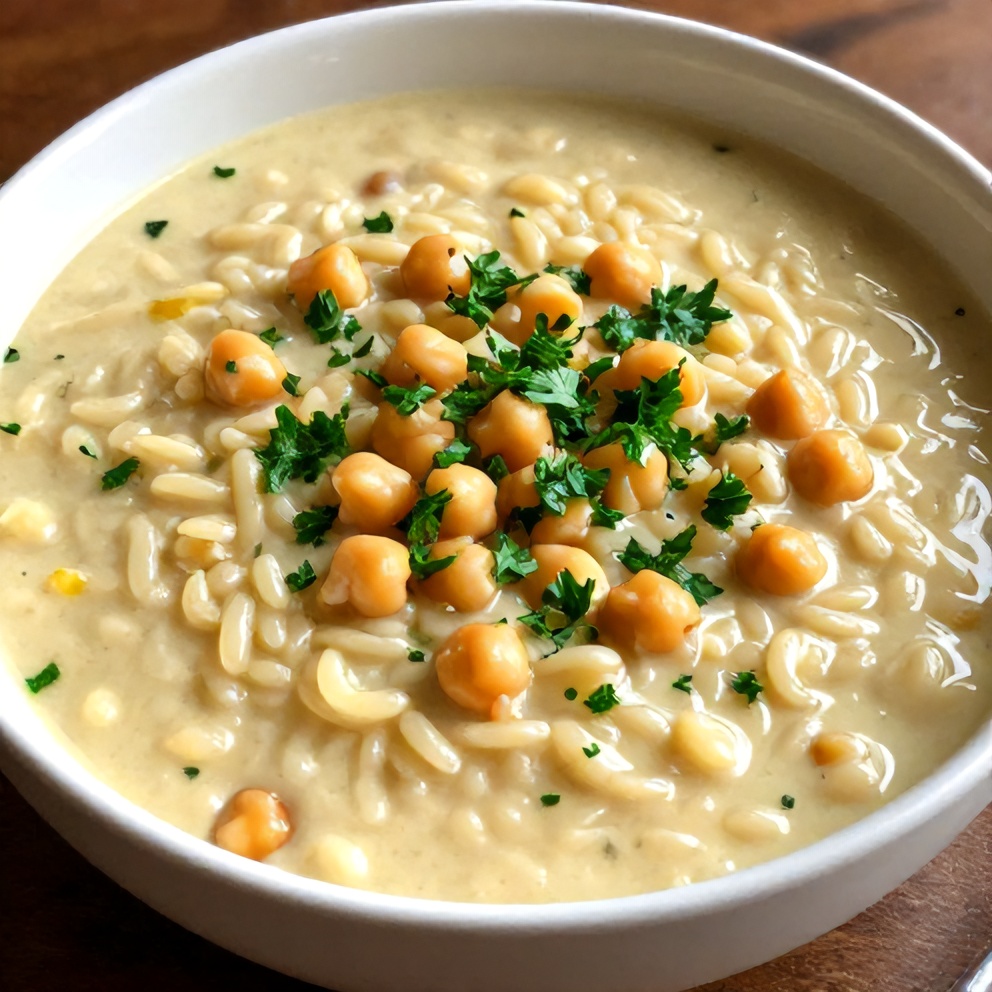 Plated serving of Lemon Chickpea Orzo Soup in a deep bowl, garnished with fresh parsley, with warm side lighting highlighting the creamy texture and bright green herbs.