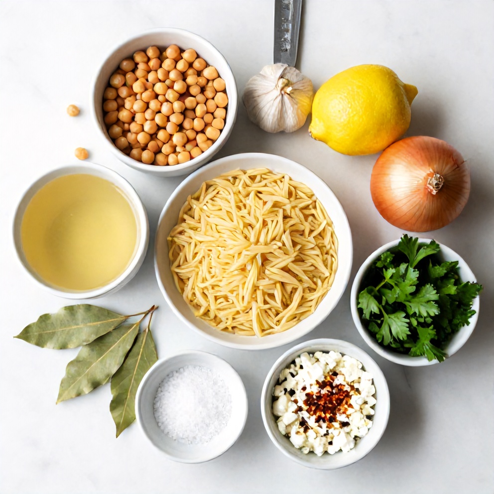 Raw ingredients for Lemon Chickpea Orzo Soup on a marble surface