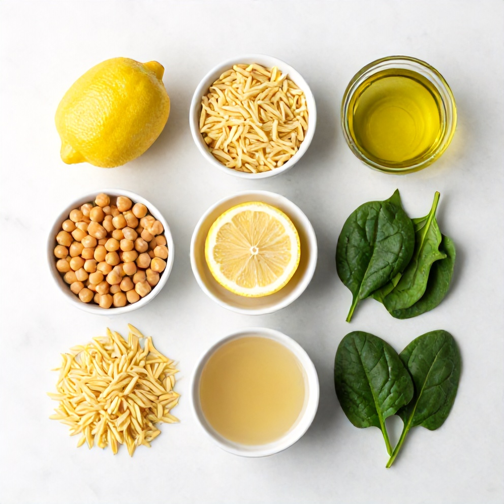 Overhead flat lay of raw ingredients: orzo, chickpeas, lemon, garlic, vegetable broth, spinach, and olive oil, arranged on a white marble surface with bright even light.