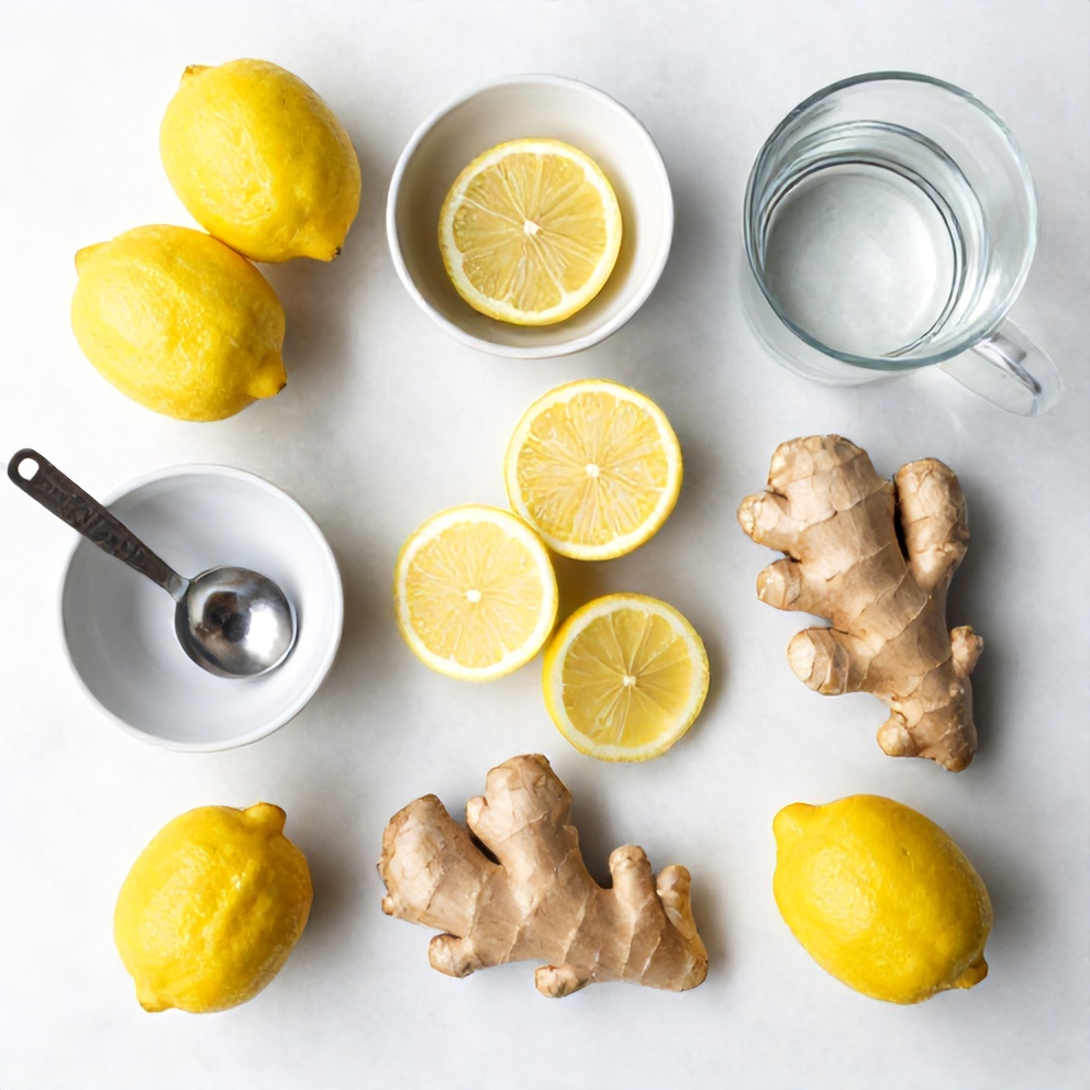 Lemons, Ginger, and Water on Wooden Board