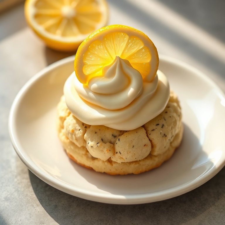 One perfect serving of lemon poppy seed cookies with cheesecake frosting. Topped with a lemon slice. White plate with soft shadows. Warm side lighting. Photorealistic food photography. No text. No watermark.