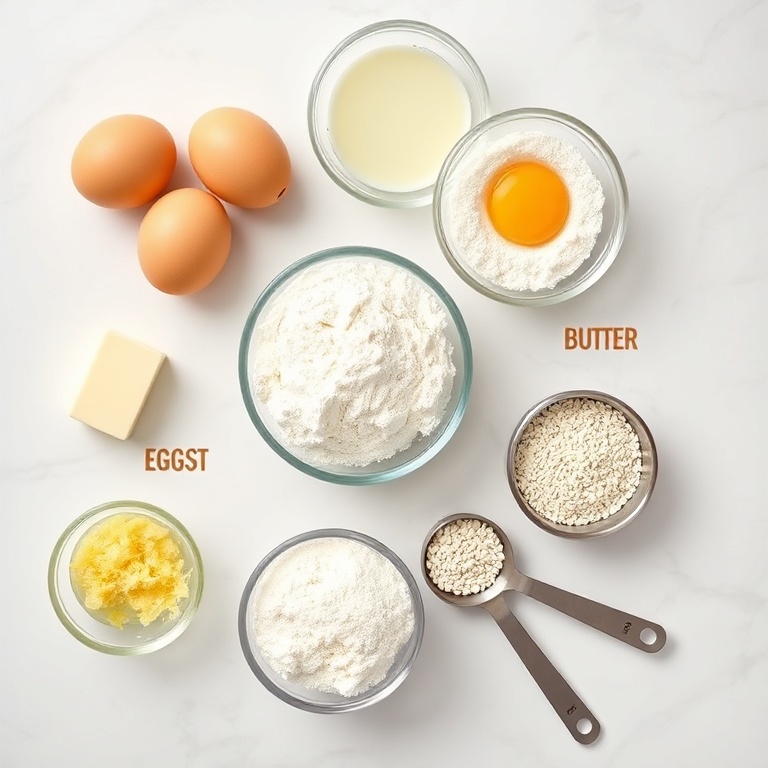 Fresh eggs, flour, butter, lemon zest, and poppy seeds arranged as an overhead flat lay. Prep bowls and measuring spoons visible. White marble surface. Bright even natural light. Photorealistic overhead food photography. No text. No watermark.