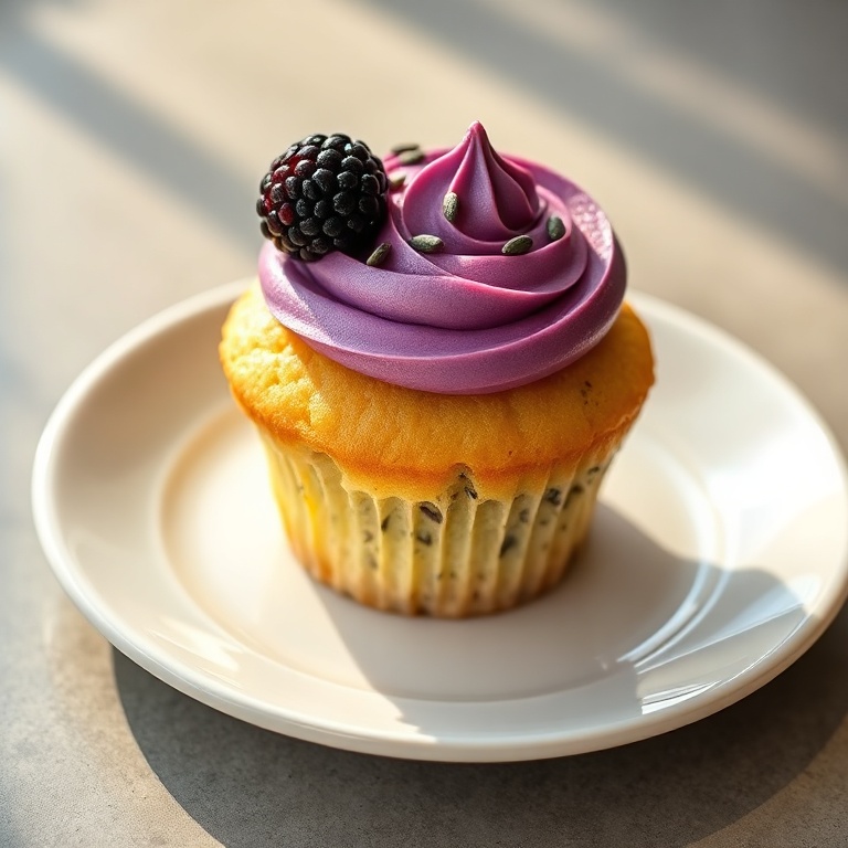A single lemon poppy seed cupcake on a small scalloped white plate, piped high with blackberry frosting and a fresh blackberry garnish