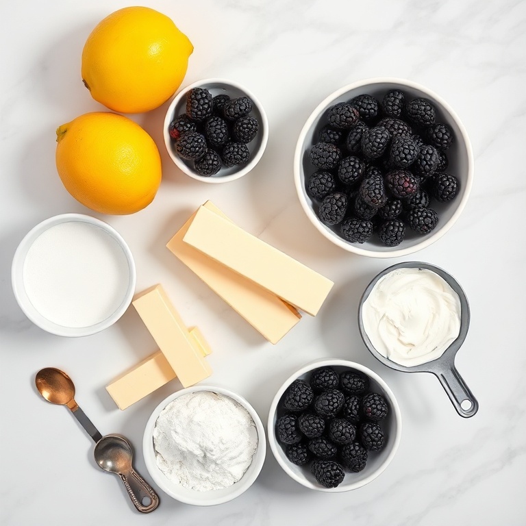 Overhead view of lemons, blackberries, poppy seeds, butter, and eggs arranged with bowls and measuring spoons for cupcakes