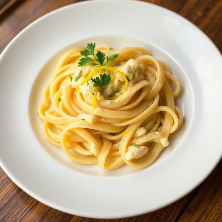 A single serving of Lemon Ricotta Pasta on a white plate, garnished with lemon zest and parsley, with warm side lighting.