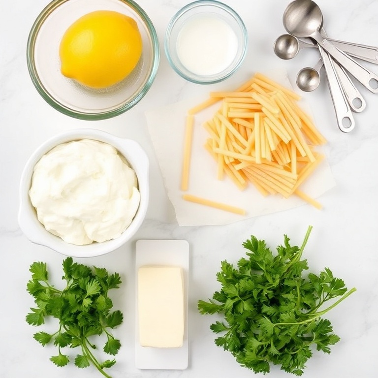 Raw ingredients for Lemon Ricotta Pasta arranged in an overhead flat lay. Ricotta, lemon, pasta, butter, and parsley visible.