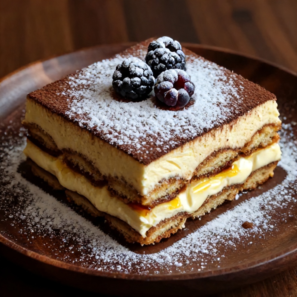 Finished Lemon Tiramisu dessert plated with a dusting of powdered sugar