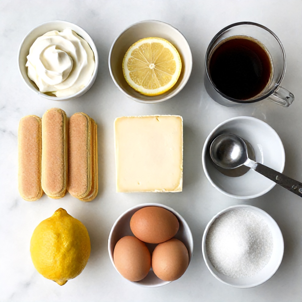 Raw ingredients for Lemon Tiramisu including ladyfingers, mascarpone cheese, lemon, and eggs