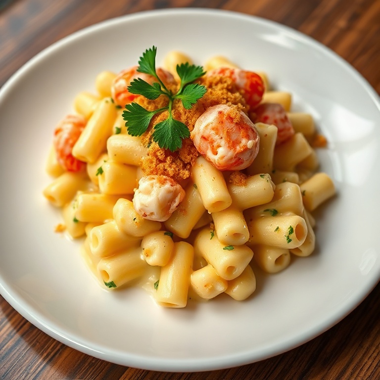Lobster Mac and Cheese plated on a white ceramic dish. Topped with fresh parsley and crispy bread crumbs. Warm side lighting shows texture.