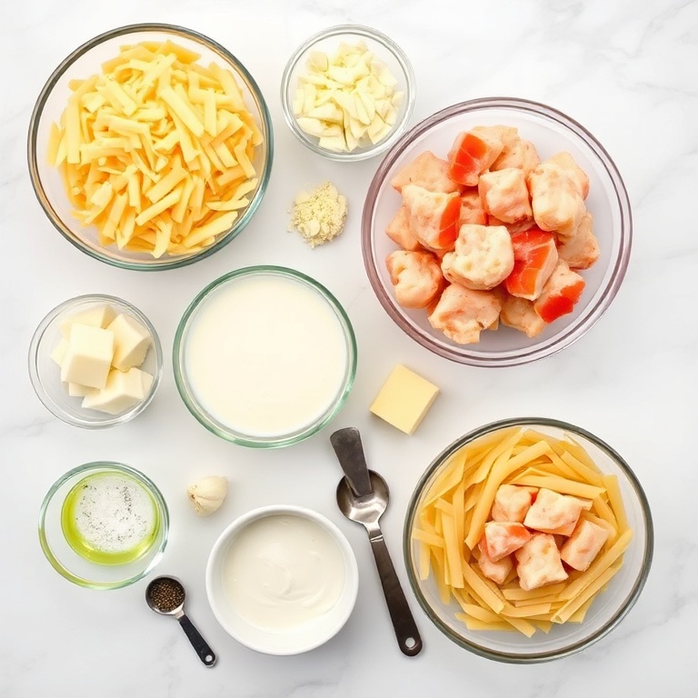 Raw ingredients for Lobster Mac and Cheese. Shredded cheddar, Gruyère, parmesan, heavy cream, butter, pasta, lobster meat, garlic, salt, pepper.