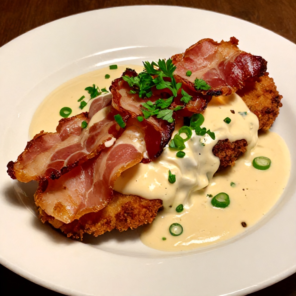 Plated maple bacon pork chops with creamy Dijon sauce