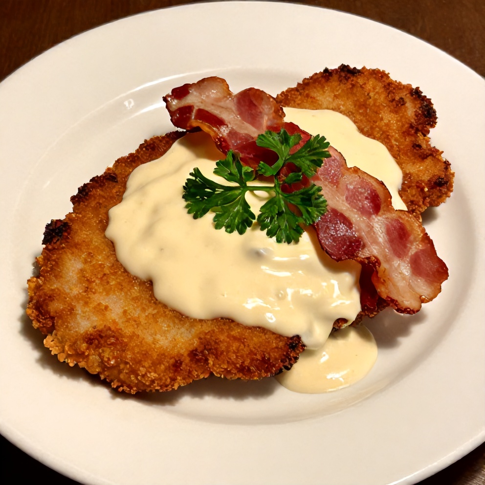 Plated maple bacon pork chops with creamy Dijon sauce