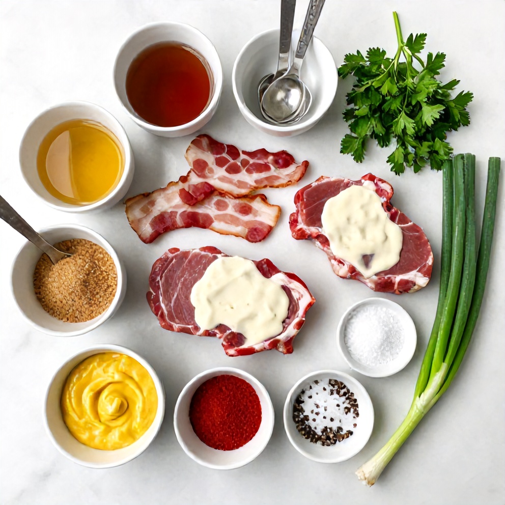 Raw ingredients for maple bacon pork chops with creamy Dijon sauce