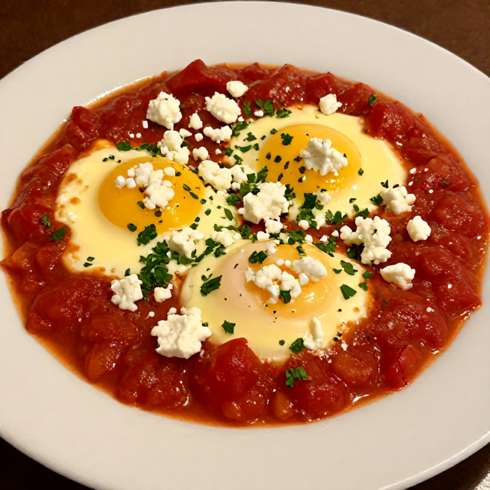 Plated Mediterranean Baked Eggs with Spiced Tomato Sauce