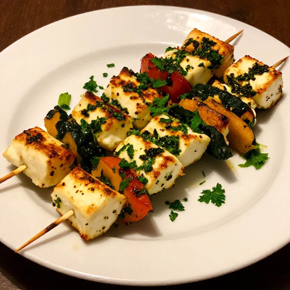Plated Halloumi Skewers with Herb Sauce