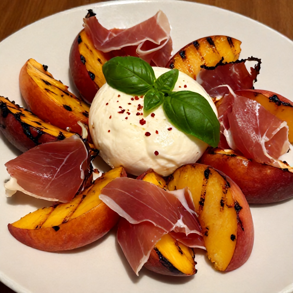 Mediterranean Grilled Peach and Prosciutto Salad with Burrata on Platter