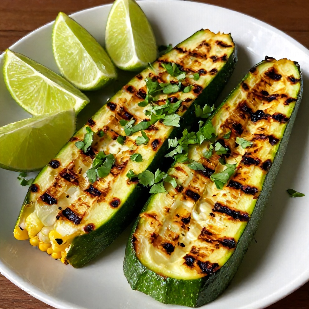 Plated serving of Mexican Street Corn Style Grilled Zucchini with lime wedges and chopped cilantro