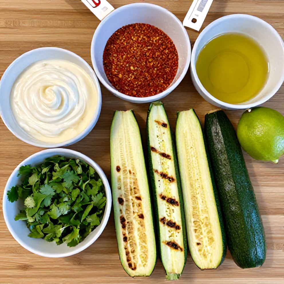 Raw ingredients for Mexican Street Corn Style Grilled Zucchini arranged on a wooden surface